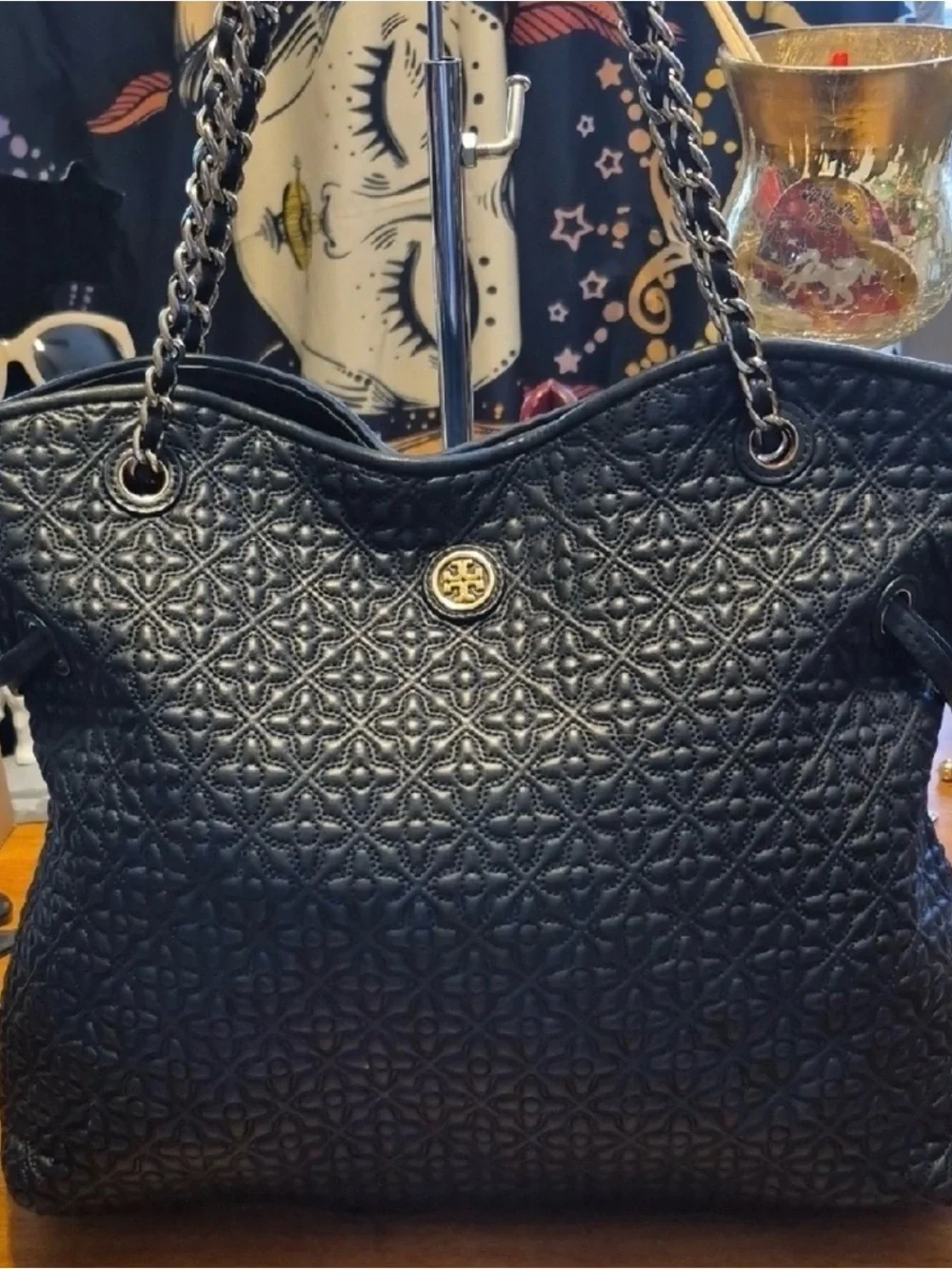 Tory Burch Black Quilted Leather Chain-Handle Crossbody Tote